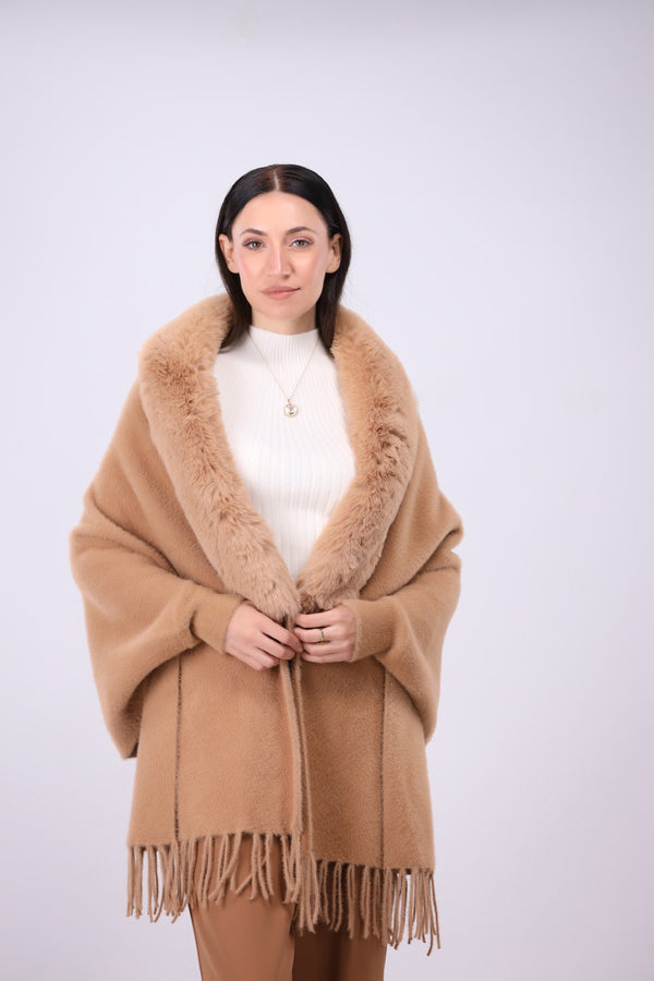 Faux Fur Collar Poncho