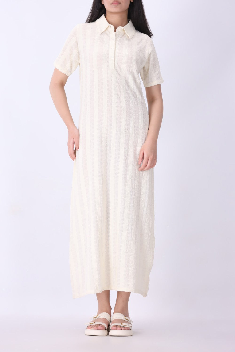Side view of cream midi dress