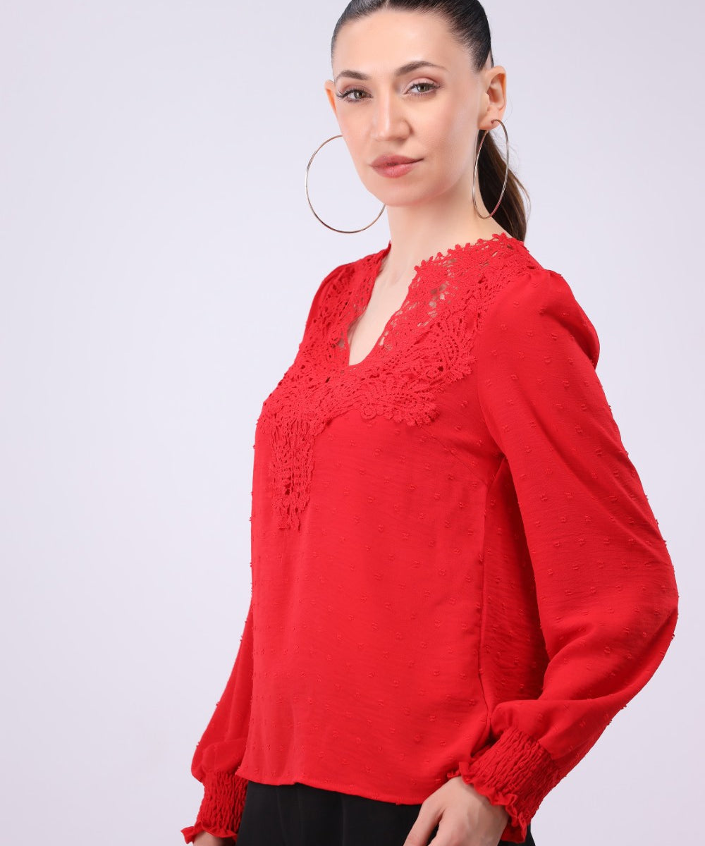 Lace Spliced Lantern Sleeve Top