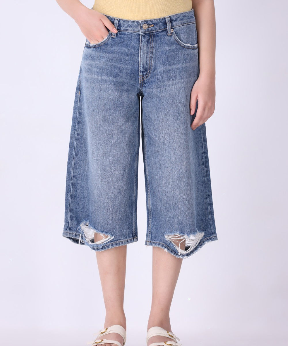Distressed Wide-Leg Denim Jorts