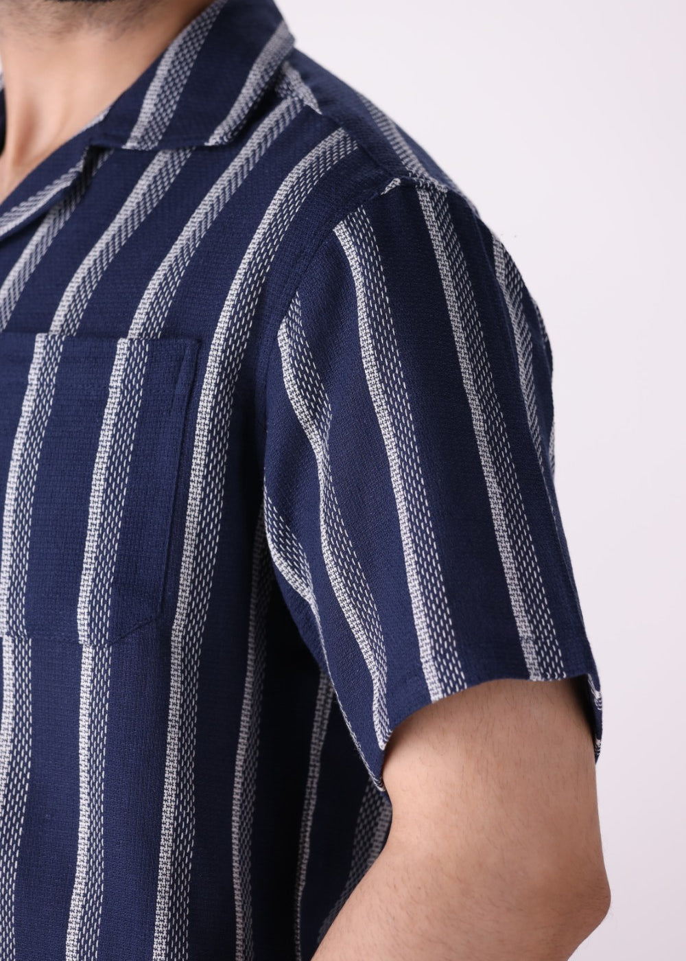 Navy Striped Camp Collar Shirt