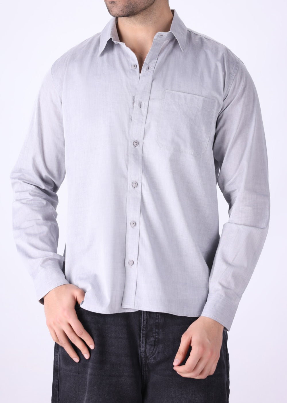 Ash grey regular fit shirt for men, front view
