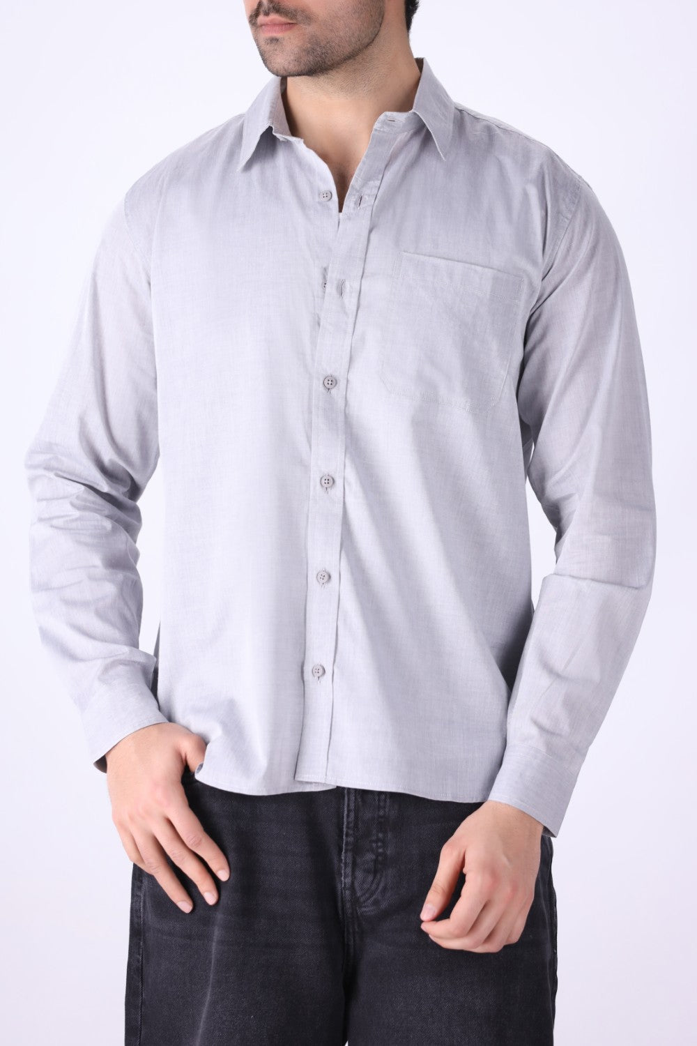 Ash grey regular fit shirt for men, front view
