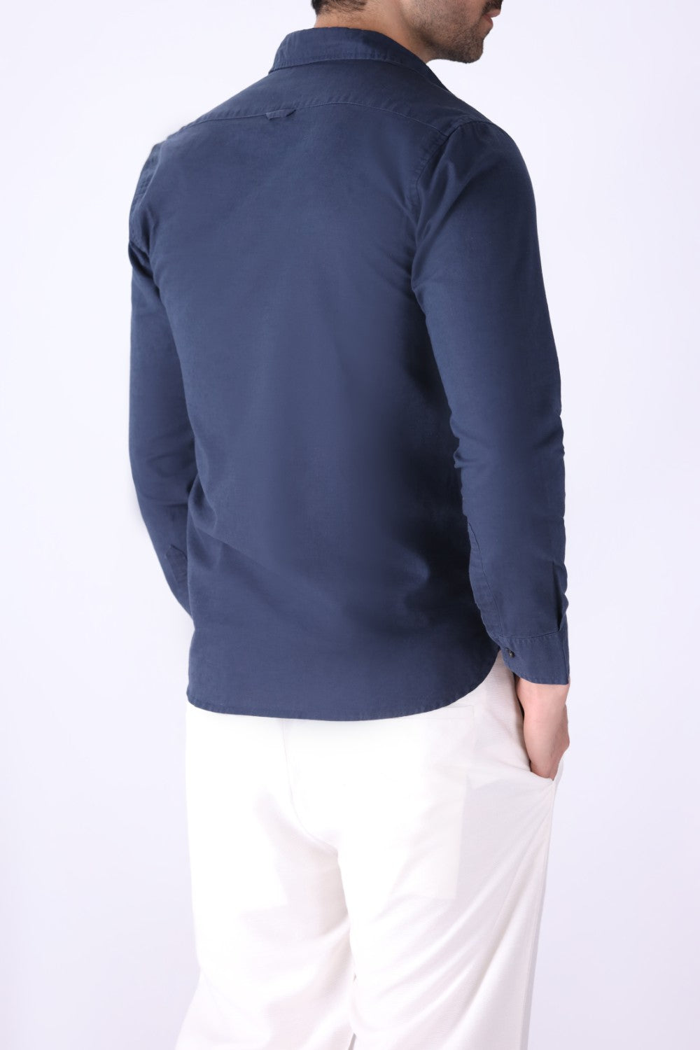Back view of blue long sleeve shirt
