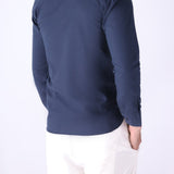 Back view of blue long sleeve shirt
