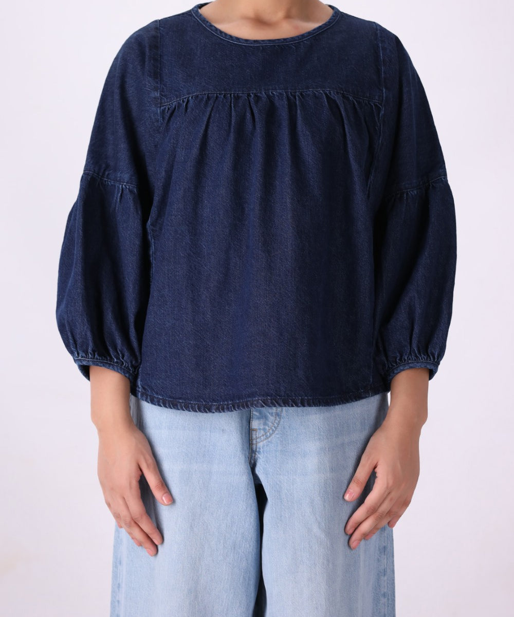Back view of cotton denim top
