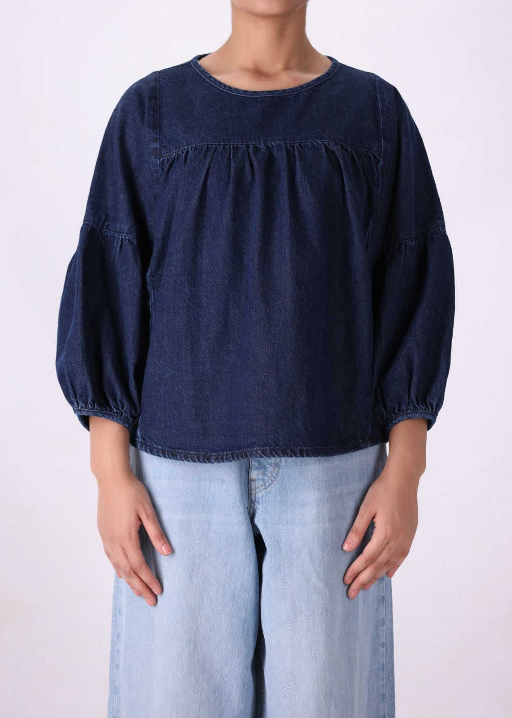 Back view of cotton denim top
