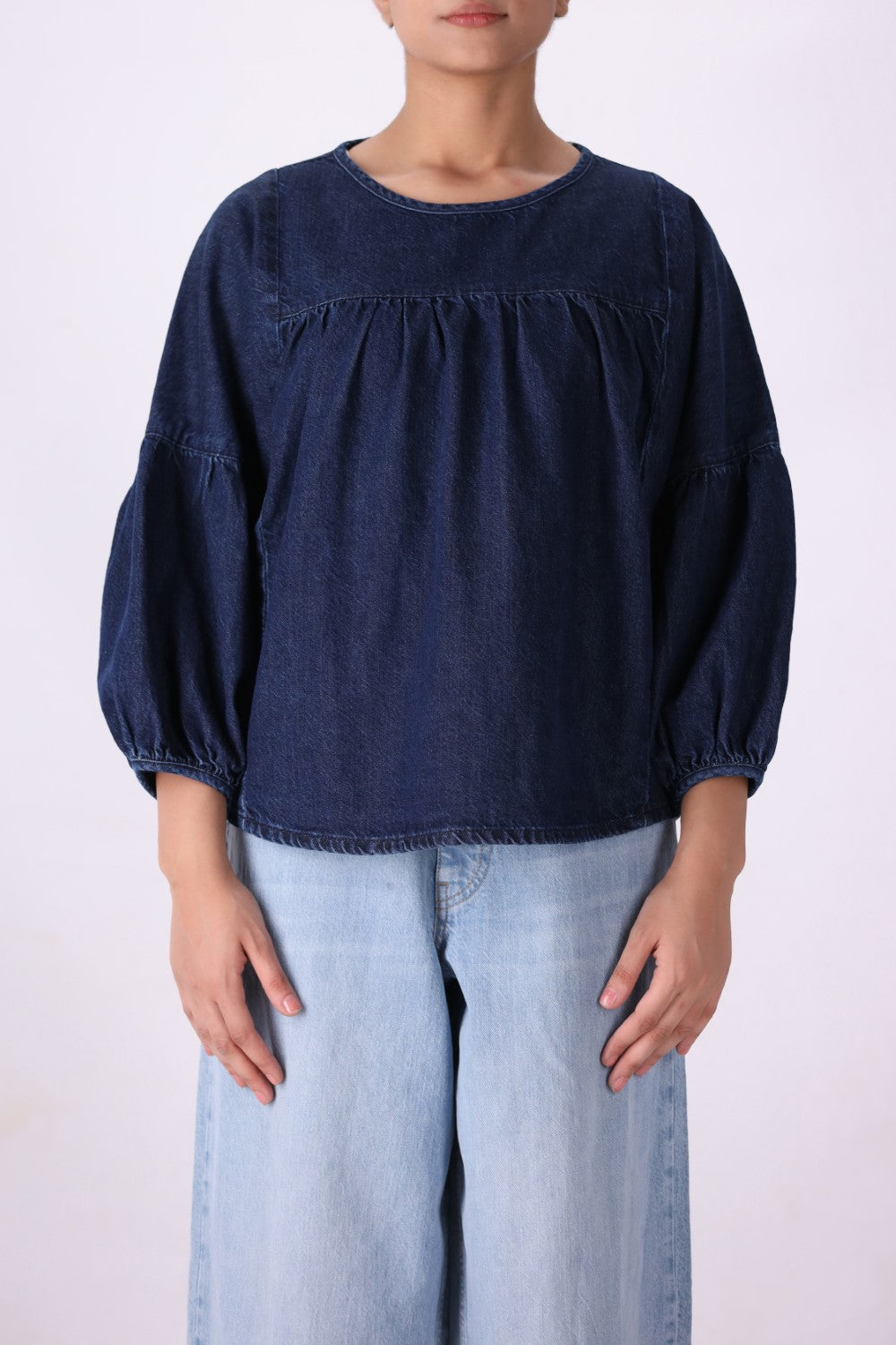 Back view of cotton denim top
