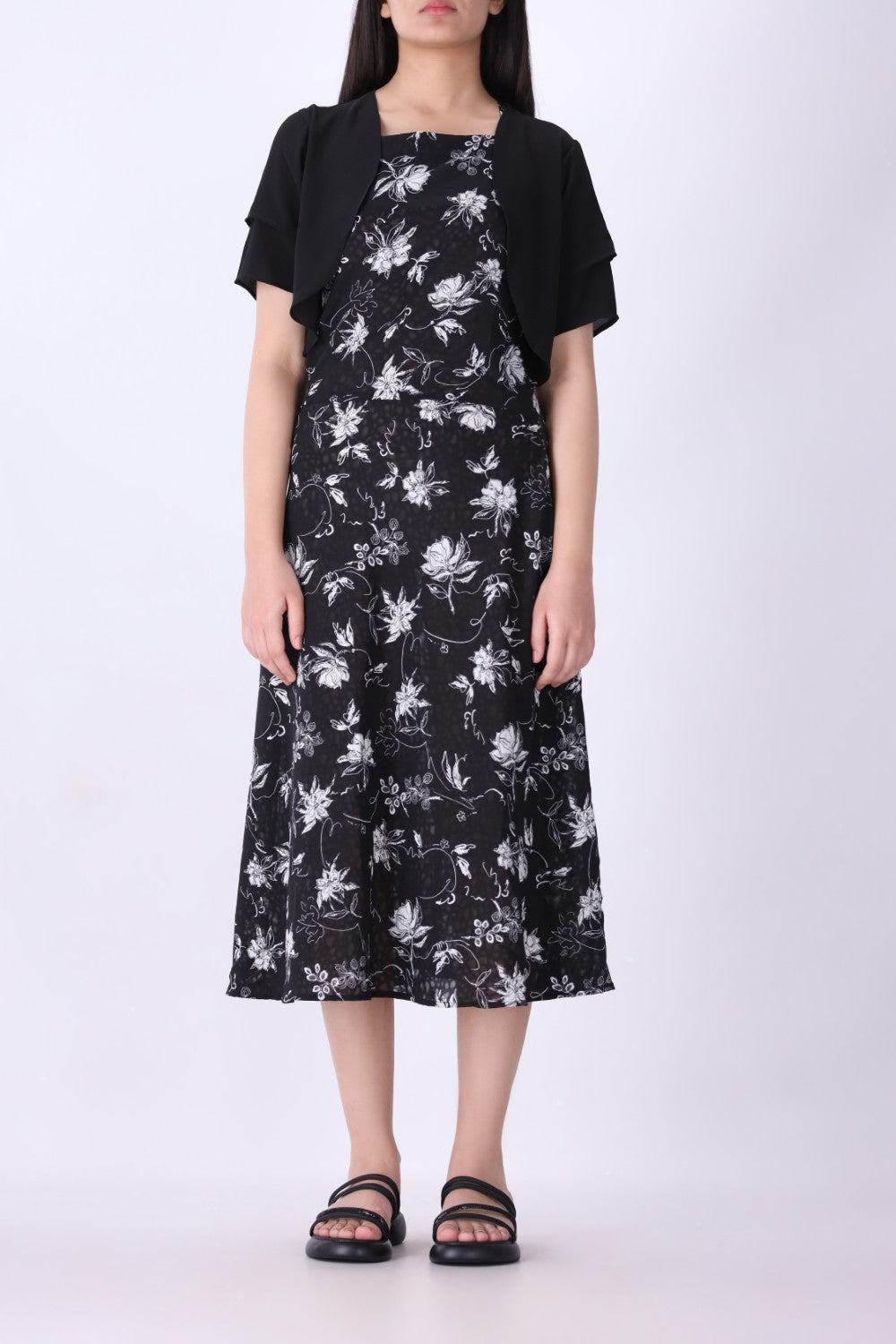 Back view of floral midi dress and bolero set
