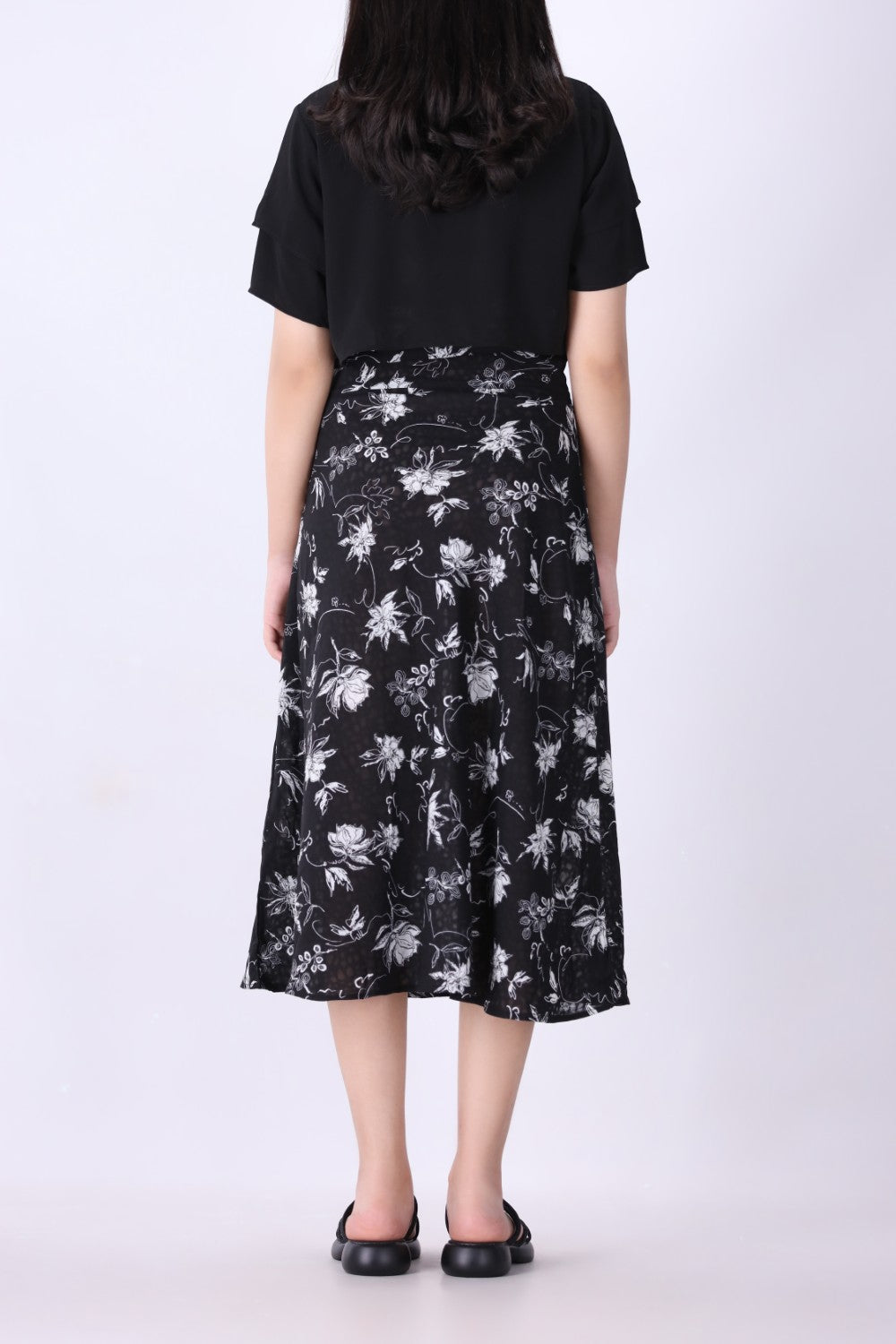 Back view of floral midi dress and bolero set
