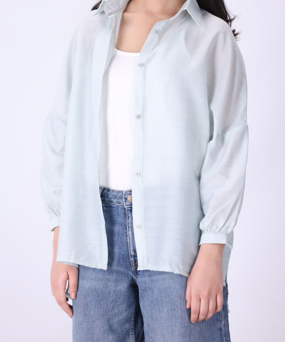 Back view of light blue summer button-down shirt
