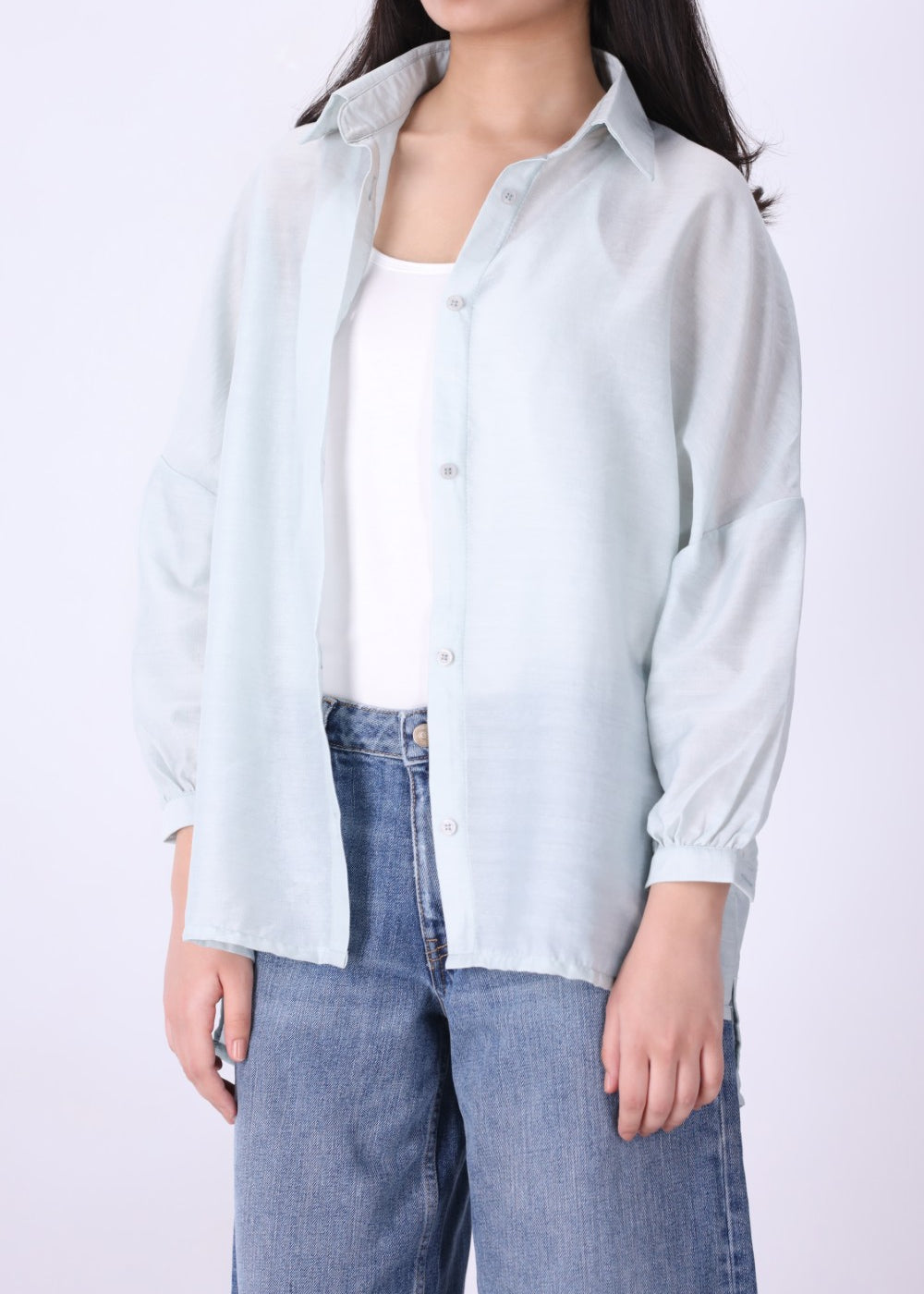 Back view of light blue summer button-down shirt
