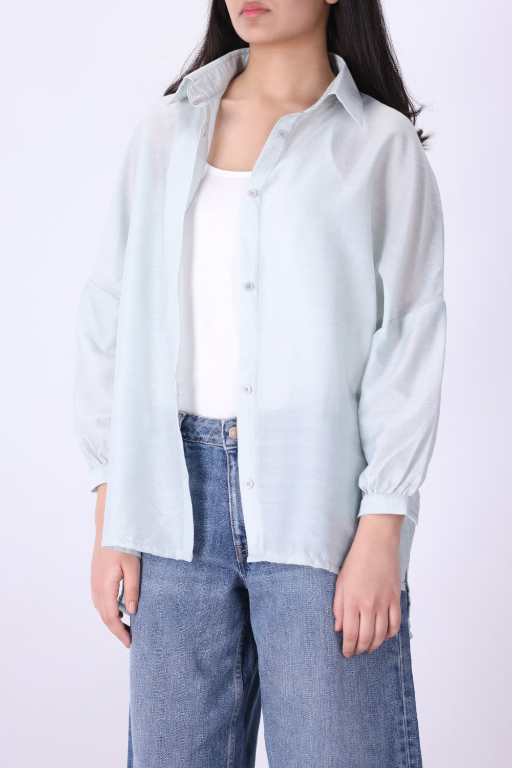 Back view of light blue summer button-down shirt
