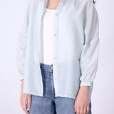 Back view of light blue summer button-down shirt
