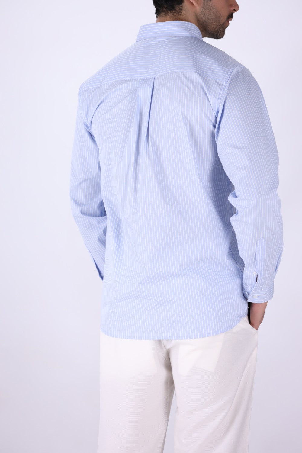 Back view of striped button-down shirt
