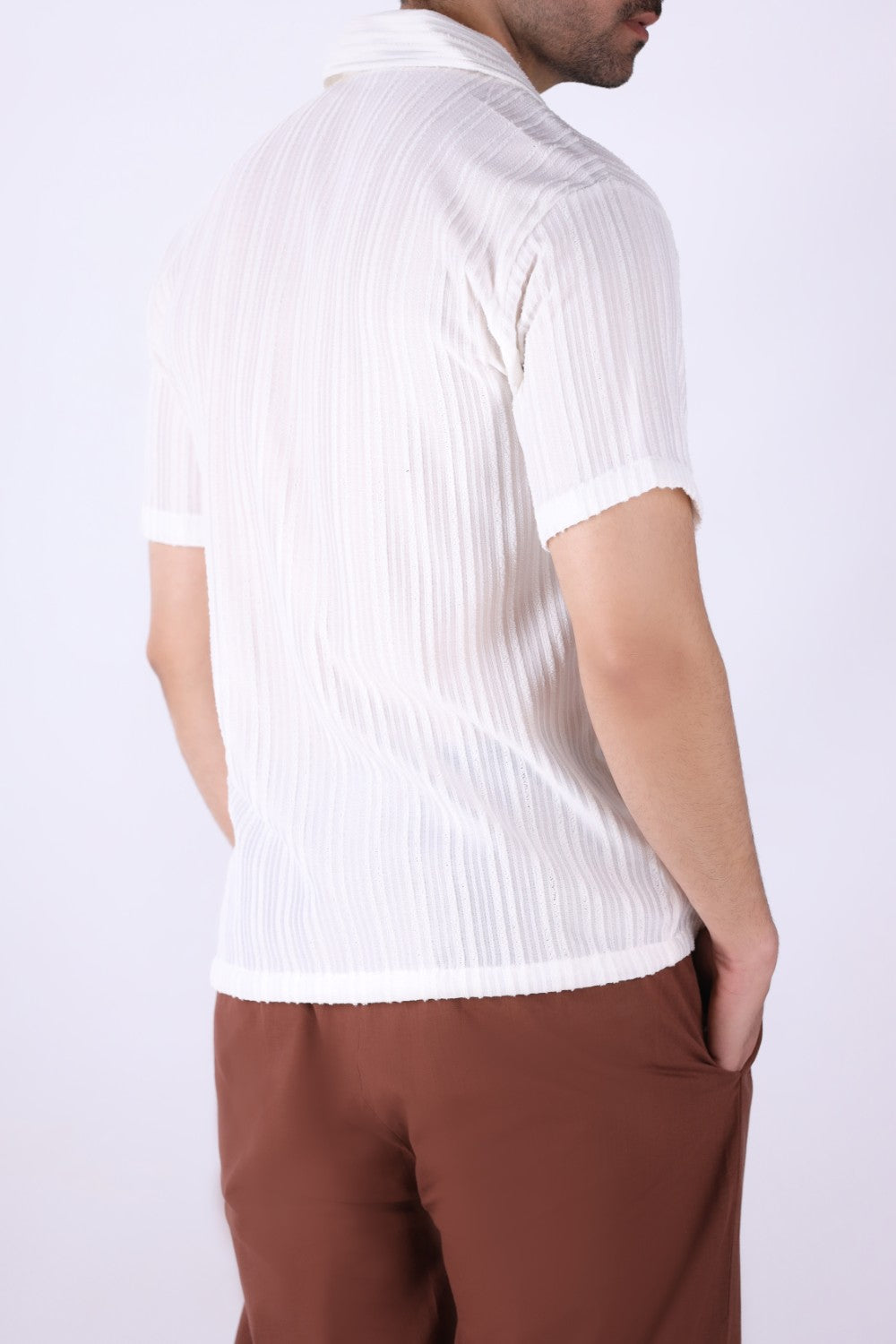 Back view of white Cuban collar shirt
