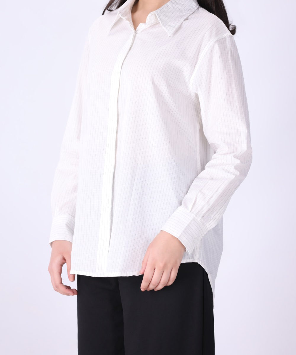 Back view of white pinstripe shirt