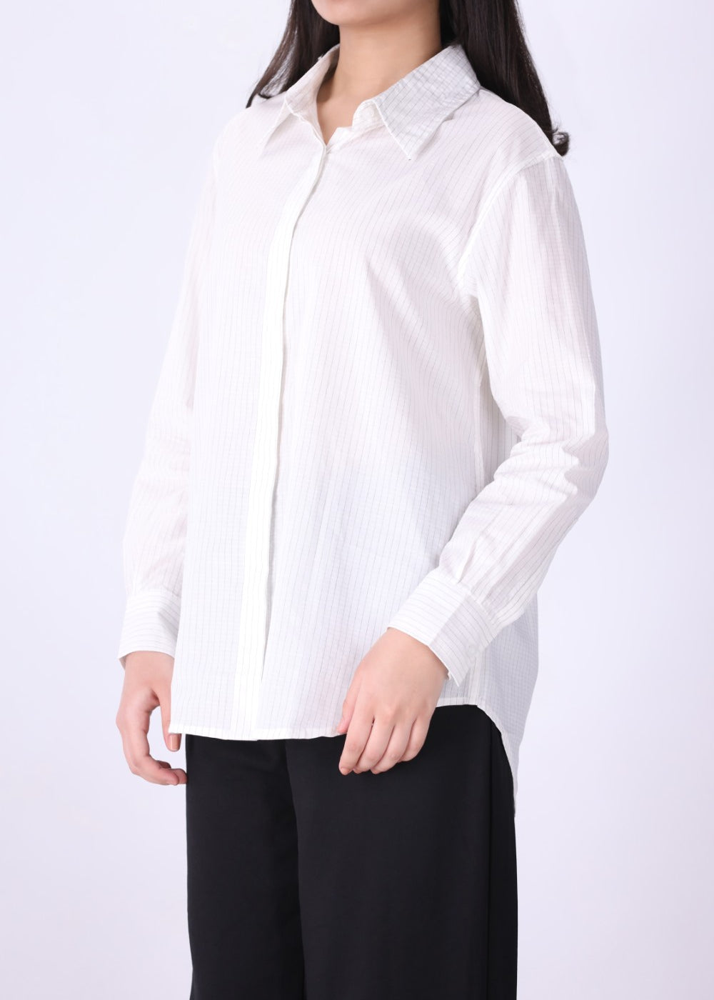 Back view of white pinstripe shirt