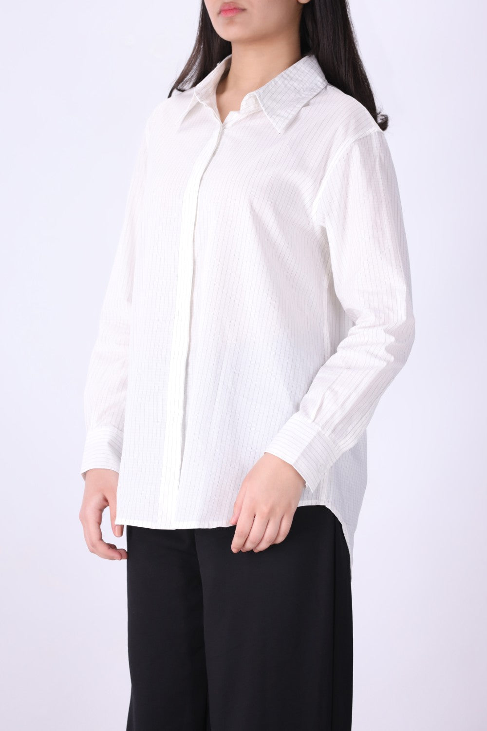 Back view of white pinstripe shirt