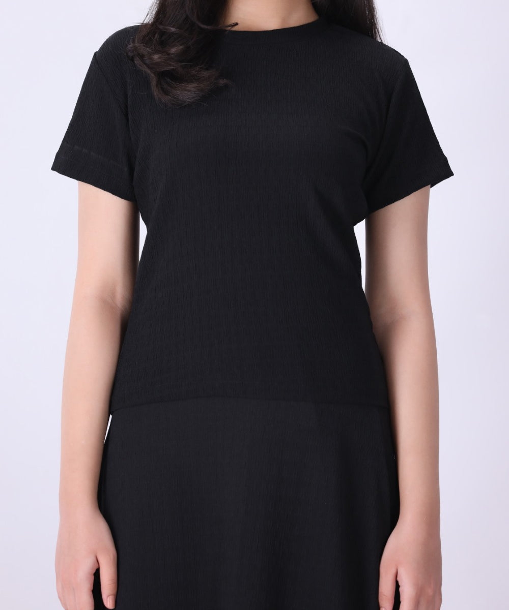 Black ribbed textured t-shirt for women, front view

