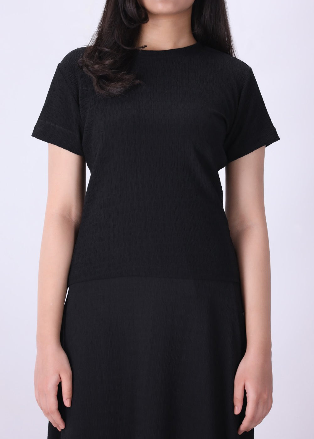 Black ribbed textured t-shirt for women, front view
