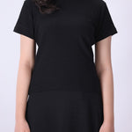 Black ribbed textured t-shirt for women, front view
