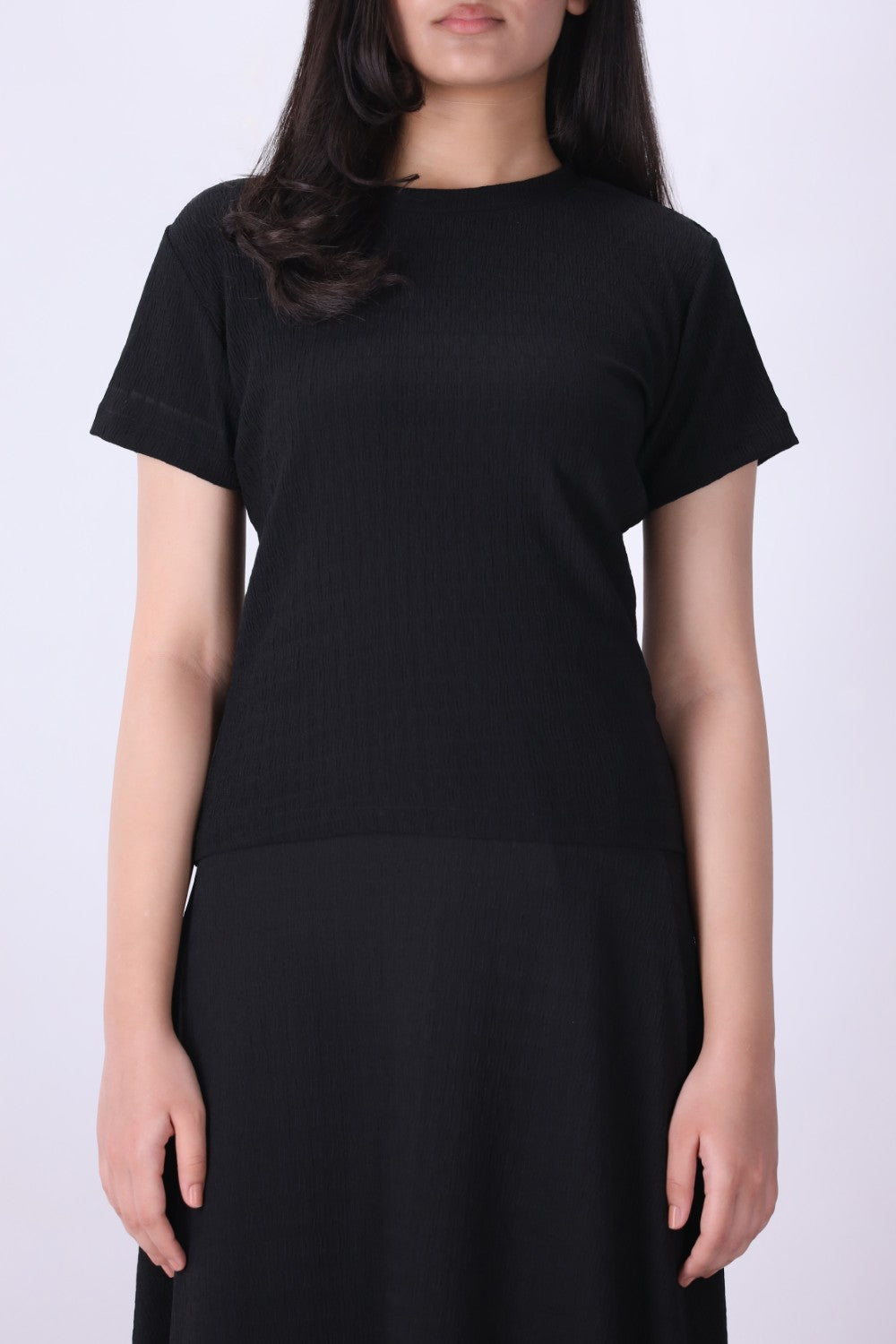 Black ribbed textured t-shirt for women, front view
