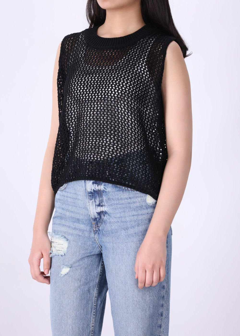 Black sleeveless crochet top, front view
