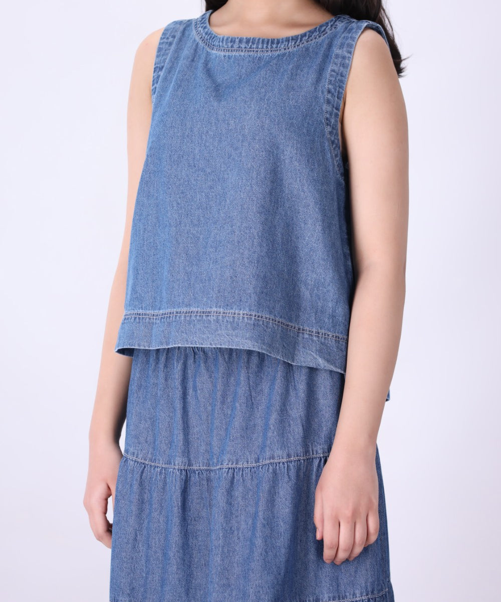 Blue chambray eyelet shell top, front view
