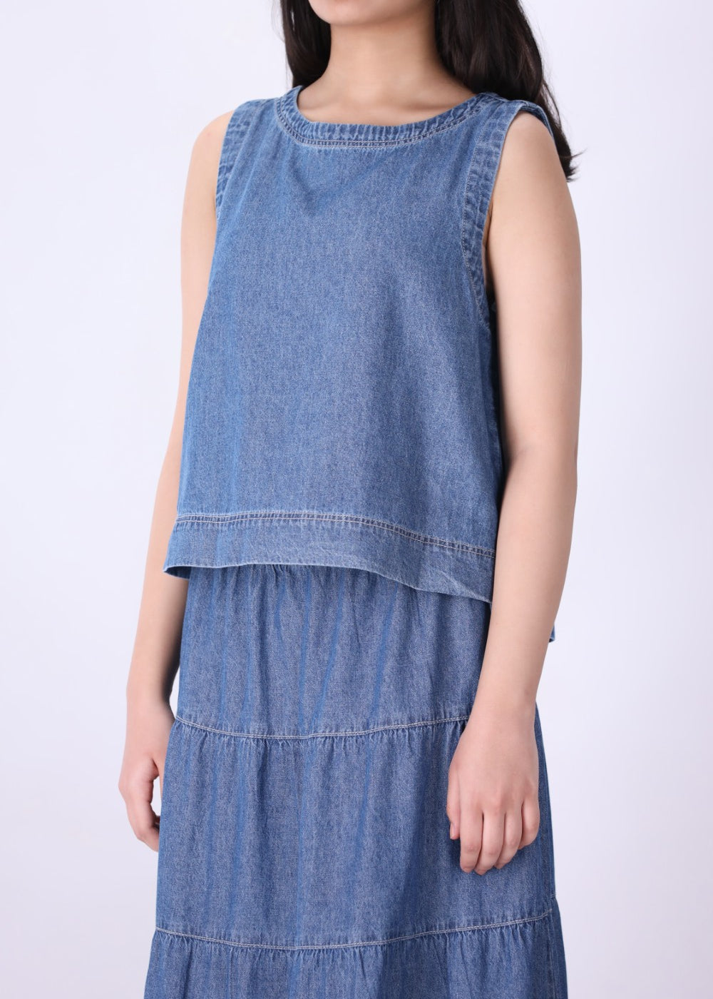 Blue chambray eyelet shell top, front view
