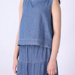 Blue chambray eyelet shell top, front view

