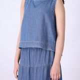 Blue chambray eyelet shell top, front view
