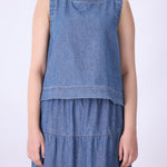 Blue chambray eyelet shell top, front view
