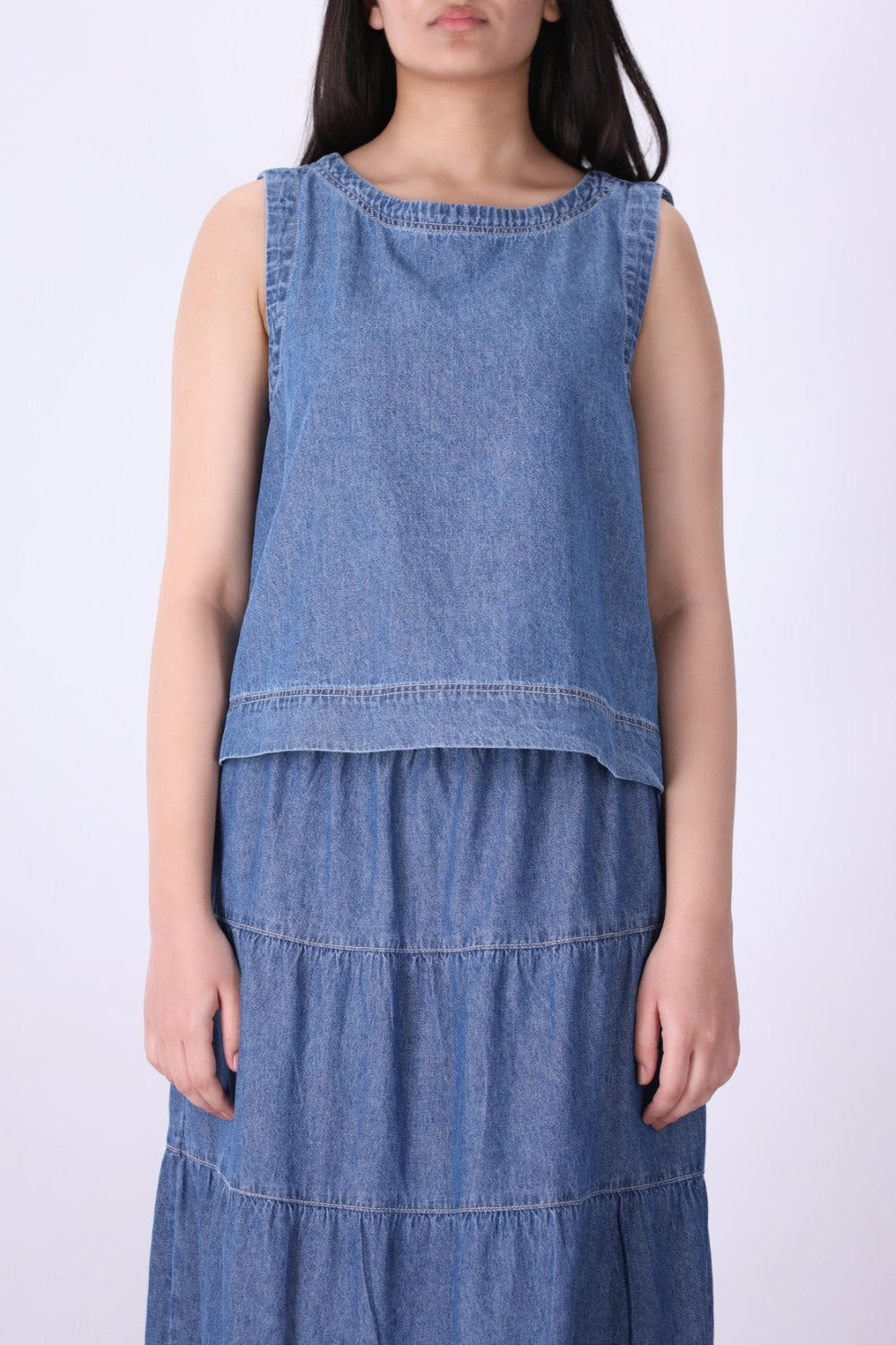 Blue chambray eyelet shell top, front view
