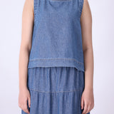 Blue chambray eyelet shell top, front view
