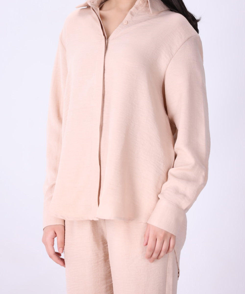 Blush pink long sleeve shirt for women, front view
