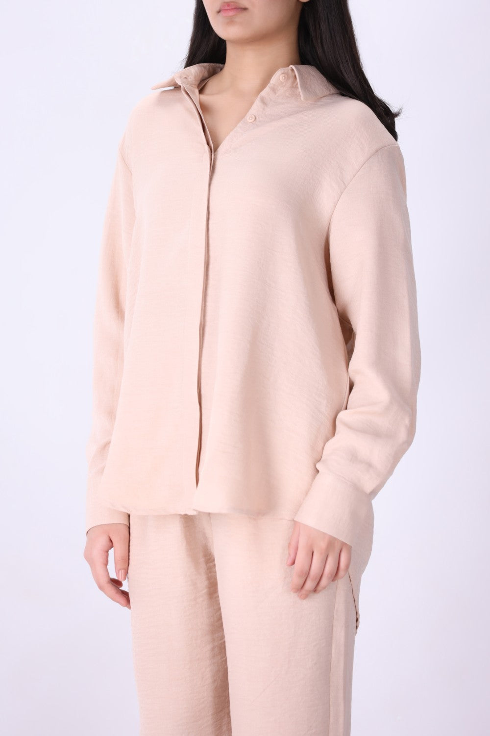 Blush pink long sleeve shirt for women, front view
