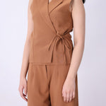 Caramel tailored wrap vest for women, front view
