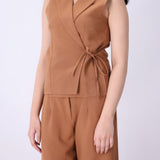 Caramel tailored wrap vest for women, front view

