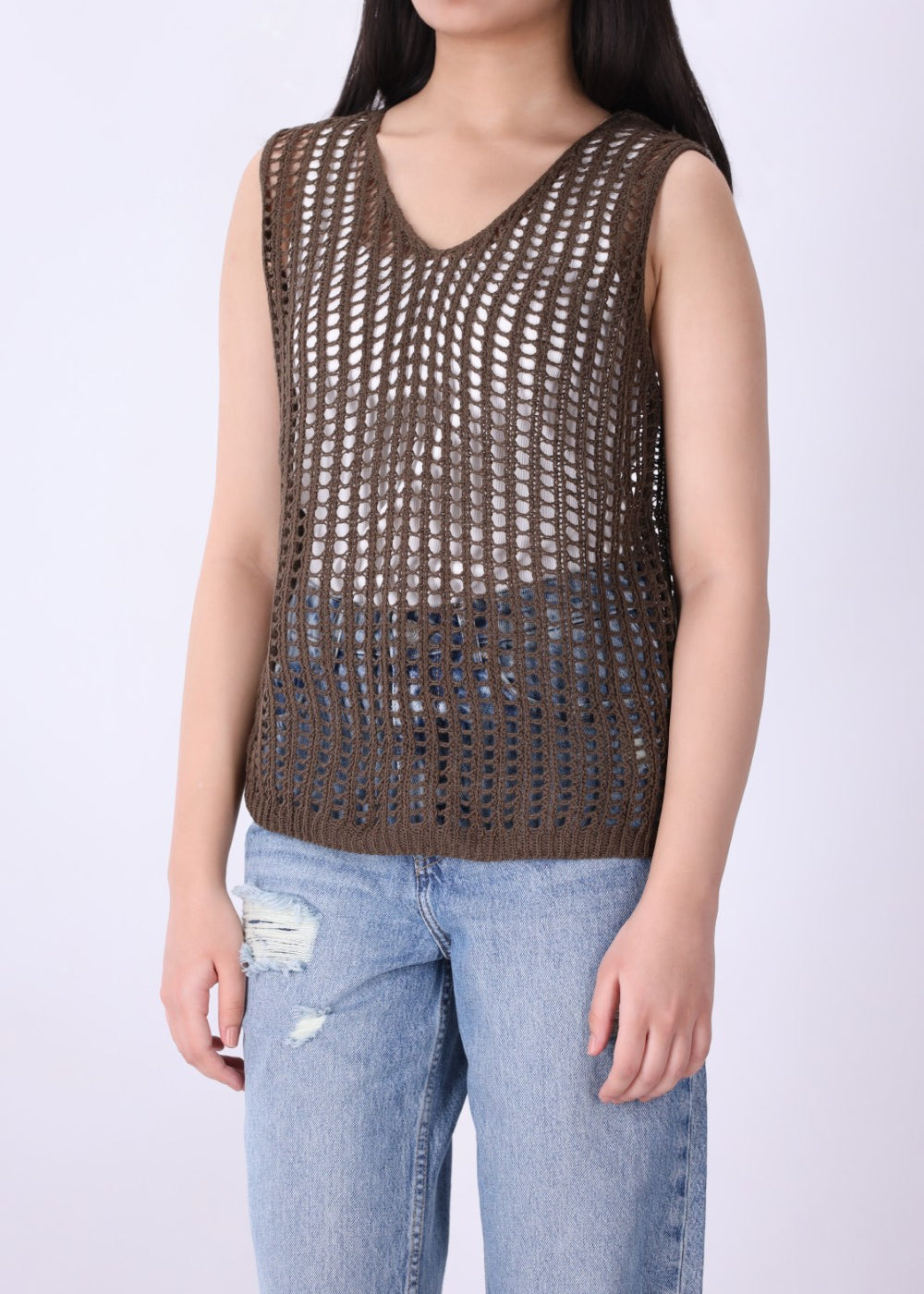 Cedar brown sleeveless crochet top, front view
