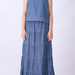 Close-up of eyelet openwork detail on chambray
