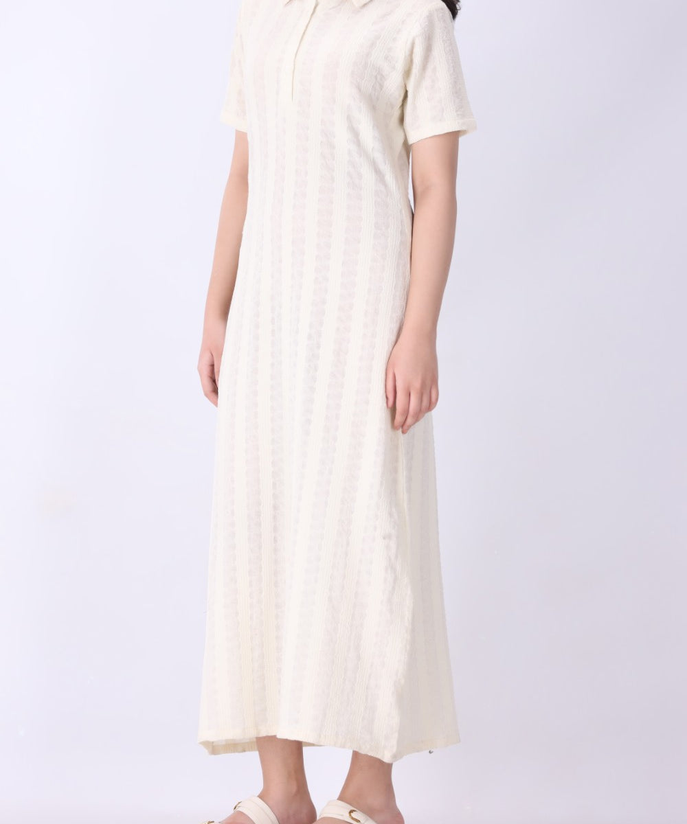 Cream pointelle knit midi dress, front view
