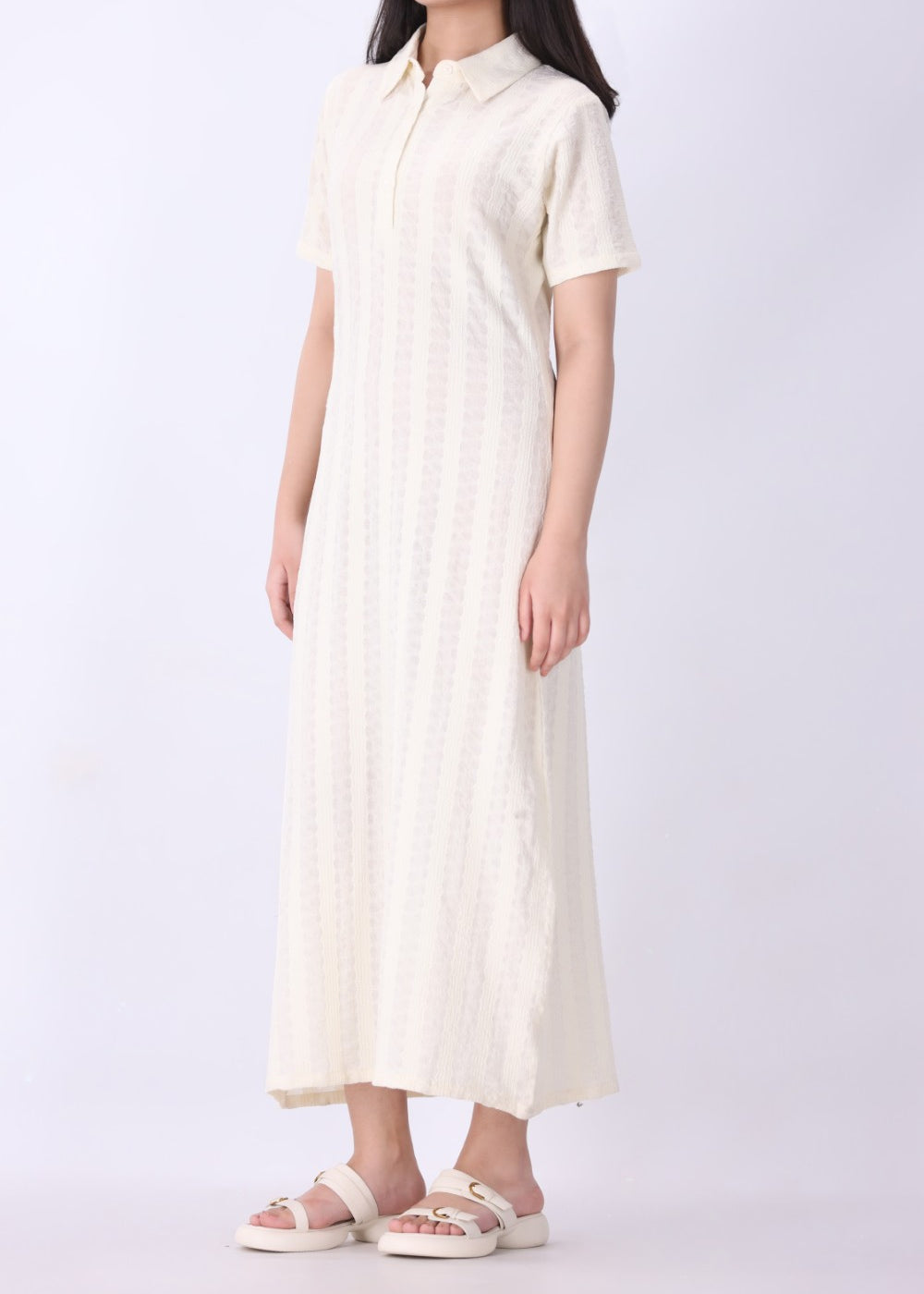 Cream pointelle knit midi dress, front view
