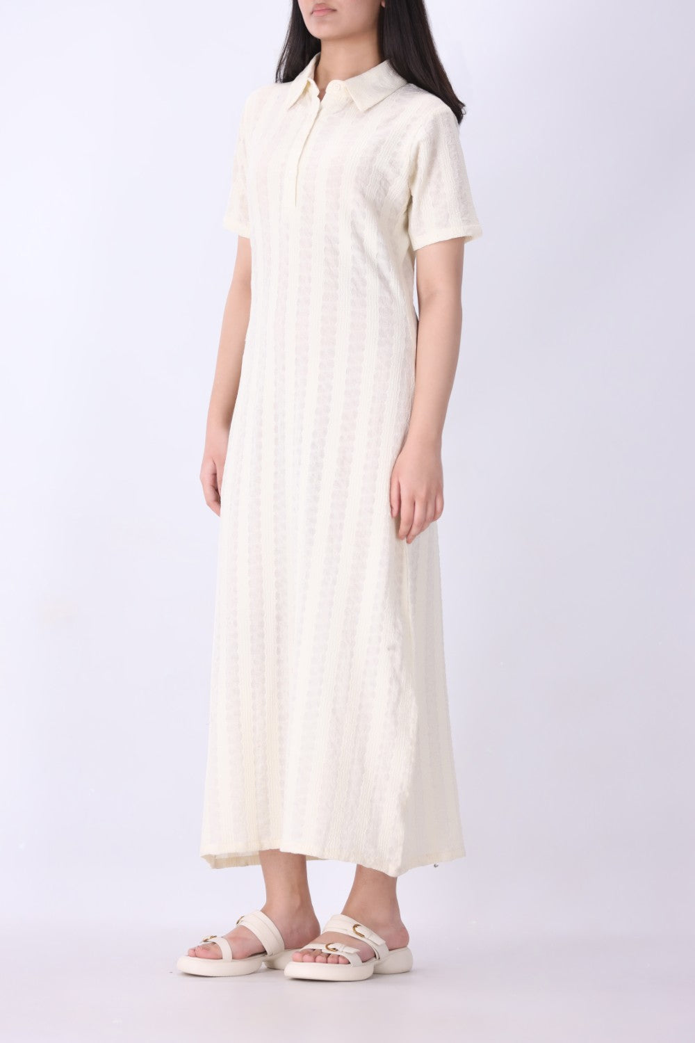Cream pointelle knit midi dress, front view
