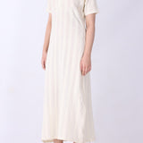 Cream pointelle knit midi dress, front view
