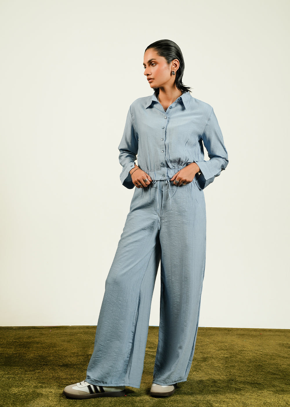 Button Down Elastic Hem Shirt Cord Set