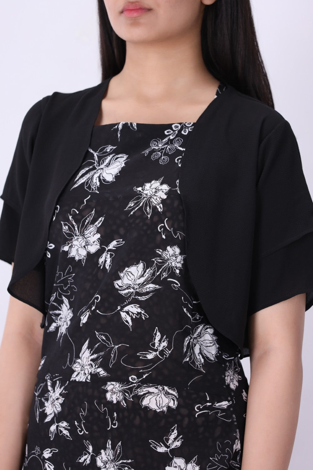 Floral midi dress with black bolero, two piece set
