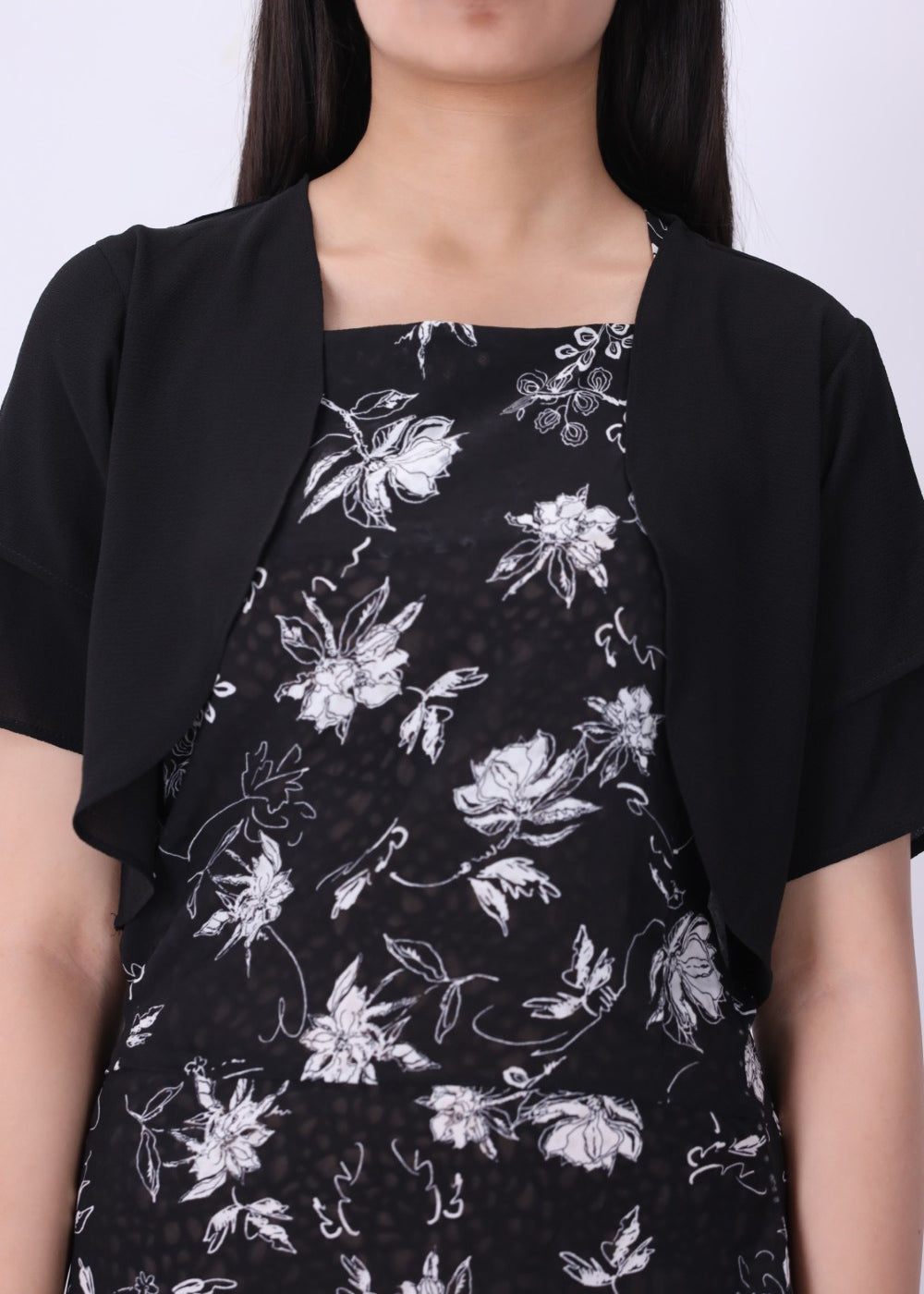 Floral print midi dress worn without the bolero
