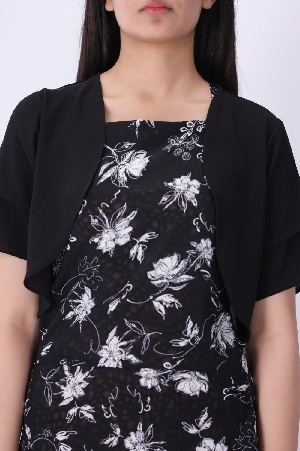 Floral print midi dress worn without the bolero

