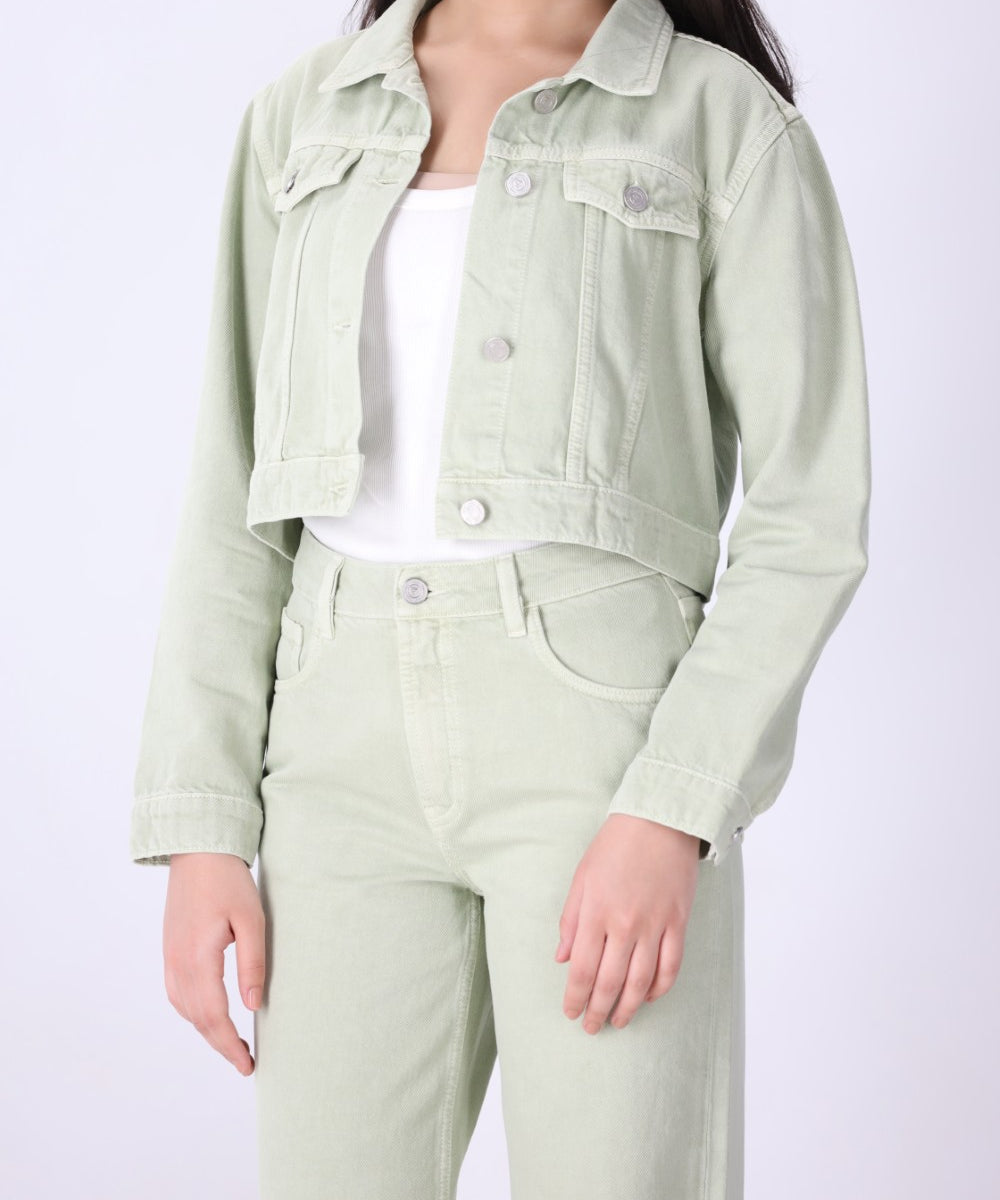 Green speckled denim crop jacket, front view
